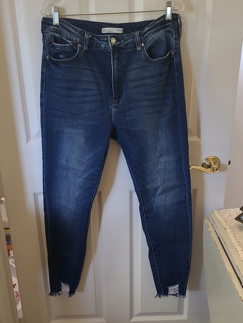 Kancan. Size 31. Pre Loved. Washed Dark Blue Skinny Jeans with Ankle Fray. Bin 6